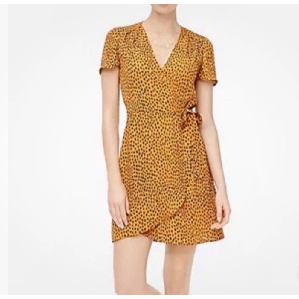 J.Crew Wrap Dress Womens 0 Yellow Cheetah Print Short Sleeve V-Neck Casual Mini
